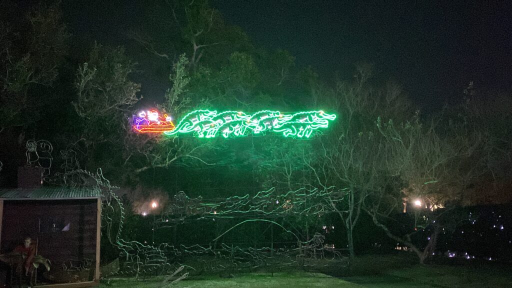 Christmas lights decoration featuring Papa Noel and alligators pulling his sleigh.