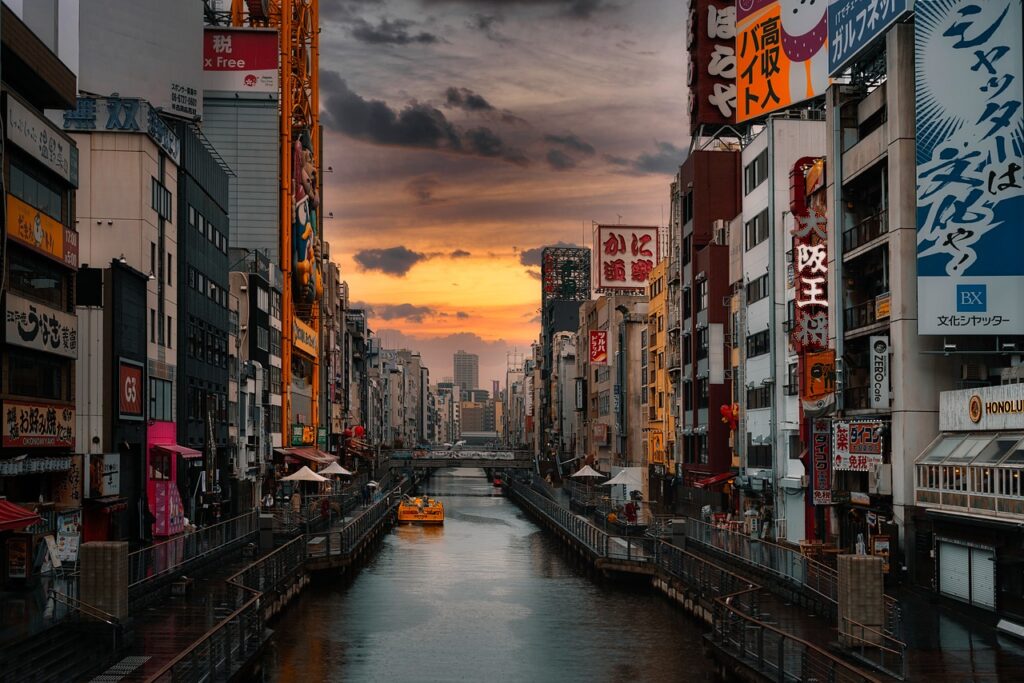 river, buildings, city, urban, office buildings, business buildings, destination, barge, boat, tombori river walk, dotonbori, osaka, japan, osaka, japan, japan, japan, japan, japan