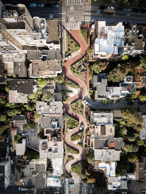 Stunning aerial perspective of Lombard Street's iconic winding path in San Francisco.