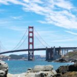 Panoramic view of the iconic Golden Gate Bridge spanning a bright blue ocean with scenic rocks in the foreground.